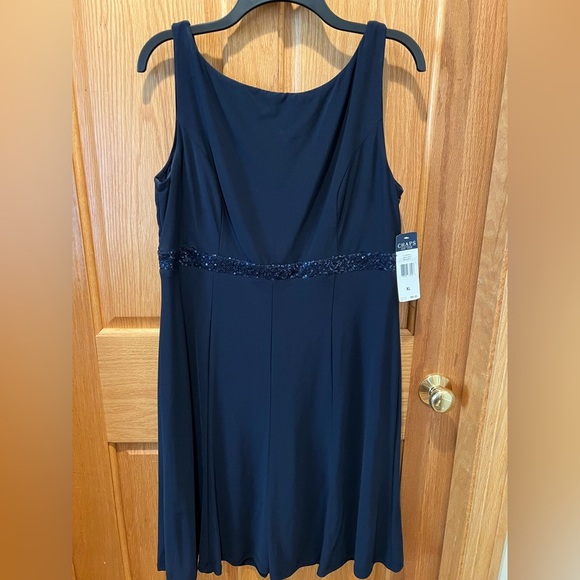 NWT Chaps Navy Blue Dress Sleeveless Scoop Neck Midi w/ Sequin Detail Waist XL - Picture 1 of 5